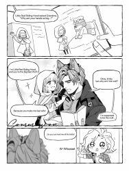  1boy 1girl 2girls animal_ears artist_request big_bad_wolf big_bad_wolf_(cosplay) cloak collared_shirt commentary_request commission cosplay emily_(resident_evil) fur_trim grace_ashcroft greyscale highres hood hood_up hooded_cloak jacket leon_s._kennedy little_red_riding_hood_(fairy_tale) little_red_riding_hood_(fairy_tale_character) little_red_riding_hood_(fairy_tale_character)_(cosplay) monochrome multiple_girls open_clothes open_jacket popped_collar resident_evil resident_evil_requiem second-party_source shirt short_hair wolf_boy wolf_ears 