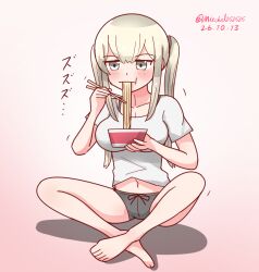  1girl alternate_costume black_shorts blush bowl bra_strap breasts casual chopsticks collarbone commentary_request eating food full_body graf_zeppelin_(kancolle) grey_eyes grey_hair holding holding_bowl holding_chopsticks kantai_collection large_breasts mitchell_(dynxcb25) navel noodles ramen shirt short_shorts shorts sitting t-shirt twintails white_shirt 
