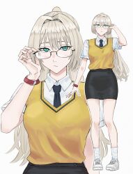  1girl adjusting_eyewear alternate_costume alternate_hairstyle alva_(girls'_frontline_2) an-94_(girls'_frontline) asakiri_koko bespectacled black_necktie black_skirt blonde_hair casual closed_mouth collared_shirt commentary_request constricted_pupils full_body girls'_frontline_2:_exilium girls_frontline glasses green_eyes hair_between_eyes hair_intakes hand_on_eyewear high_ponytail highres light_blush long_hair looking_at_viewer looking_over_eyewear multiple_views necktie pencil_skirt ponytail shirt shirt_tucked_in short_sleeves sidelocks simple_background skirt sleeveless sleeveless_sweater solo standing sweater sweater_tucked_in upper_body white_background white_shirt yellow_sweater 