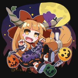  1girl :d black_shoes bow bowtie chain claw_pose commentary cuffs fangs fingernails highres horn_ornament horn_ring horns ibuki_suika jack-o'-lantern jack-o'-lantern_print long_hair looking_at_viewer low-tied_long_hair moon open_mouth orange_eyes orange_hair plant purple_ribbon purple_skirt red_bow red_bowtie red_nails ribbon rizleting sharp_fingernails shirt shoes skirt sleeveless sleeveless_shirt smile solo torn_clothes torn_sleeves touhou twitter_username v-shaped_eyebrows very_long_hair vines white_shirt 
