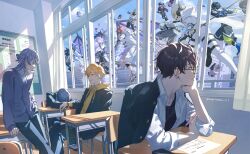  6+boys absurdres akagi_wen akagi_wen_(1st_costume) arm_rest assault_visor battle black_gloves black_hair black_jacket black_pants black_undershirt blonde_hair blue_hair blue_shoes blue_sky bracelet cardigan chair city classroom clouds collared_shirt commentary day desk dragon dytica_(nijisanji) earclip earrings elbow_rest fingerless_gloves glasses gloves green_hair grey_hair grey_pants grin half_updo hand_in_pocket hand_on_own_arm hand_on_own_chest head_rest hibachi_mana hibachi_mana_(1st_costume) highres holding holding_pen holding_weapon hood hood_down hoodie hoshirube_sho hoshirube_sho_(1st_costume) inami_rai inami_rai_(1st_costume) indoors jacket jacket_on_shoulders jewelry koyanagi_rou koyanagi_rou_(1st_costume) long_hair long_sleeves looking_to_the_side magatama_(magatama_111) male_focus mask midair monster mouth_mask multicolored_hair multiple_boys multiple_persona murakumo_kagetsu murakumo_kagetsu_(1st_costume) nijisanji on_chair oriens_(nijisanji) pants paper pen pink_pants purple_cardigan purple_hair red_hair saiki_ittetsu saiki_ittetsu_(1st_costume) school school_chair school_desk school_uniform shirt shoes short_hair sitting sky sleeping sleeves_rolled_up smile stud_earrings twitter_username usami_rito usami_rito_(1st_costume) virtual_youtuber weapon white_gloves white_pants white_shirt window yellow_eyes yellow_hood yellow_hoodie 