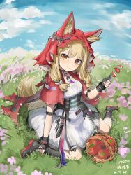  1girl absurdres animal_ear_fluff animal_ears apple arknights arknights:_endfield artist_name black_gloves breasts bunching_hair cloak commentary_request dagger dated ears_through_headwear fingerless_gloves food fruit gloves grass highres holding holding_dagger holding_knife holding_weapon hood hood_up hooded_cloak knife looking_at_viewer mono_(fnkj2557) outdoors red_hood rossi_(arknights) sitting small_breasts smile solo teeth weapon wolf_ears wolf_girl yellow_eyes 
