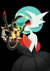 1girl 1other absurdres black_background black_dress black_gloves blue_hair bob_cut colored_skin commentary_request cottoncandy_cd dragon dress elbow_gloves gardevoir giratina giratina_(origin) gloves hair_over_one_eye highres korean_commentary mega_gardevoir mega_pokemon pokemon pokemon_(creature) red_eyes simple_background size_difference strapless strapless_dress white_skin 
