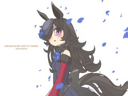  1girl animal_ears bare_shoulders black_hair blue_dress blue_flower blue_rose blush commentary_request copyright_name dress flower from_side hat highres horse_ears horse_girl horse_tail kopperion looking_at_viewer mini_hat petals red_sleeves rice_shower_(rosy_dreams)_(umamusume) rice_shower_(umamusume) rose solo tail umamusume upper_body violet_eyes 