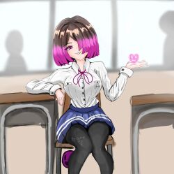  akumu_(glitchtale) bete_noire black_thighhighs blue_skirt brown_hair chair desk glitchtale hair_covering_one_eye pink_eye pink_hair school_uniform schoolgirl short_hair sitting_on_chair skirt smile thigh-highs two-tone_hair windows 