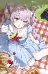  1girl :o apple basket blue_choker blue_dress bottle bow bread breasts choker commentary dappled_sunlight day dress drill_hair food fork from_above fruit gloves grass hair_bow highres holding holding_fork hyakumantenbara_salome hyakumantenbara_salome_(school_uniform) ingchi long_hair looking_at_viewer looking_up lunchbox neckerchief nijisanji offering_food open_mouth outdoors pantyhose picnic picnic_blanket pleated_dress puffy_short_sleeves puffy_sleeves purple_hair red_neckerchief school_uniform shoes short_sleeves sitting solo star_(symbol) star_in_eye sunlight symbol_in_eye twin_drills untranslatable_commentary unworn_shoes violet_eyes virtual_youtuber white_bow white_gloves white_pantyhose wine_bottle 