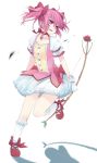  bad_id bow bow_(weapon) bubble_skirt choker dress flower footwear gloves hair_bow highres kaname_madoka magical_girl mahou_shoujo_madoka_magica miz_01 mizuki_(koko_lost) open_mouth pink_eyes pink_hair puffy_sleeves red_rose rose shoes short_hair short_sleeves short_twintails simple_background smile socks solo twintails weapon white_gloves white_legwear 