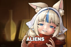  1girl ancient_aliens animal_ear_fluff animal_ears artist_name blonde_hair blue_eyes blue_streaks blurry blurry_background bonnet cat_ears commentary english_commentary english_text half-closed_eyes hands_up highres image_macro_(meme) indie_virtual_youtuber long_hair meme multicolored_hair muyoeishi one_ear_down parted_lips photo-referenced red_scarf sameko_saba sameko_saba_(lighthouse_maid) scarf solo streaked_hair virtual_youtuber white_bonnet 