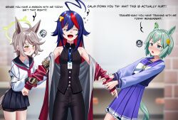  3girls absurdres ahoge animal_ears bare_shoulders black_pants black_sailor_collar black_shirt black_shorts blue_archive blue_eyes blush bow bowtie braid breasts brown_hair closed_eyes closed_mouth coat commission ear_covers female_sensei_(blue_archive) female_trainer_(umamusume) flower fox_ears fox_girl gloves green_eyes green_halo grey_hair hair_between_eyes hair_flower hair_ornament hairclip halo highres holding_another's_arm horse_ears horse_girl horse_tail lanyard long_hair long_sleeves manjo_(warito) multiple_girls neckerchief open_mouth original otogi_(blue_archive) pants pixiv_commission pleated_skirt pout purple_sailor_collar purple_serafuku purple_shirt purple_skirt red_coat red_neckerchief sailor_collar sailor_shirt school_uniform seiun_sky_(umamusume) sensei_(blue_archive) serafuku shirt short_hair shorts shorts_under_skirt single_ear_cover skirt sleeveless sleeveless_shirt small_breasts squiggle sunflower sunflower_hair_ornament tactical_school_uniform tail tracen_school_uniform trainer_(umamusume) umamusume white_bow white_bowtie white_shirt 