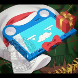  akai_ramu bow bowtie christmas christmas_present classicaloid commentary_request fake_facial_hair fake_mustache gift green_scarf hat highres jitome object_focus pad-kun_(classicaloid) red_bow red_bowtie red_hat sack santa_hat scarf solo tablet_pc watermark wooden_floor 