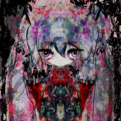  1girl abstract abstract_background absurdres closed_mouth commentary_request dot_mouth expressionless hatsune_miku highres hilty long_hair looking_ahead looking_at_viewer muted_colors solo straight-on twintails vocaloid 