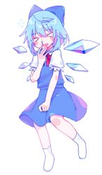  >_< 1girl \||/ blue_bow blue_dress blue_hair blush_stickers bow bowtie cirno collared_shirt commentary_request double-parted_bangs dress full_body hair_between_eyes hair_bow hand_up highres ice ice_wings mameko_(mameko_0211) no_shoes open_mouth pinafore_dress red_bow red_bowtie shirt short_hair short_sleeves simple_background sleeveless sleeveless_dress snot socks solo standing touhou white_background white_shirt white_socks wings 