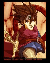  1boy 2001 bad_link belt black_hair blue_eyes blue_tunic cape commentary dragon_quest dragon_quest_iii earrings english_text gem green_gem headband hoop_earrings jewelry light_smile looking_at_viewer maya_anderson portrait purple_cape roto_(dq3) shoulder_belt signature smirk solo spiky_hair sword sword_hilt textured_background tiara tunic upper_body weapon 