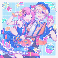  1boy 1girl :d ;d absurdres arm_around_another's_waist arm_strap blonde_hair blunt_bangs bob_cut border bow buttons candy couple cowboy_shot cupcake food gradient_hair grey_border grid_background hair_between_eyes hand_up hat hetero highres holding holding_food jelly_bean lollipop looking_at_viewer multicolored_hair official_alternate_costume one_eye_closed ootori_emu open_mouth orange_eyes orange_hair pink_eyes pink_hair pnyo_emc pop_in_my_heart!!_(project_sekai) project_sekai red_bow short_hair short_sleeves sleeveless smile sprinkles star_(symbol) tenma_tsukasa wristband 