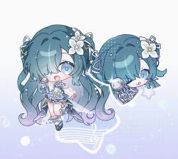  1girl :d blue_background blue_dress blue_eyes chibi chibi_only closed_mouth commentary dress eyes_visible_through_hair flower full_body genshin_impact gradient_background green_hair h_ae_rang hair_flower hair_intakes hair_ornament hair_over_one_eye holding holding_microphone kneehighs long_hair looking_at_viewer microphone multiple_views open_mouth shoes smile socks standing standing_on_one_leg untranslatable_commentary very_long_hair vodyanitsa_(genshin_impact) white_socks 