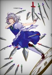  1girl apron blue_dress braid clock commentary_request dagger dress holding holding_dagger holding_knife holding_weapon izayoi_sakuya knife looking_at_viewer maid_headdress red_eyes shee_take shirt solo touhou twin_braids waist_apron weapon white_apron white_background white_hair white_shirt 
