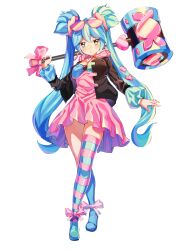 1girl absurdres aqua_hair aqua_legwear aqua_sleeves bangs black_jacket blue_legwear bow breasts choker cleavage closed_mouth crossed_legs double-parted_bangs double_bun dress earrings eyelashes eyewear_on_head full_body hair_ornament hammer heart heart_earrings heart_hair_ornament heart_pendant highres holding holding_hammer hood hood_down jacket kana_(mini_world) kneehighs long_hair long_sleeves looking_at_viewer medium_breasts mini_world mismatched_legwear mole mole_under_eye multicolored_clothes multicolored_dress multicolored_hair pink-framed_eyewear pink-tinted_eyewear pink_bow pink_dress pink_hood pink_legwear shoes sidelocks solo standing striped striped_clothes thighhighs tinted_eyewear twintails two-tone_sleeves watson_cross