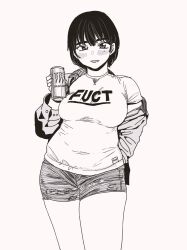 1girl blush breasts can clothes_writing drink_can english_text hand_in_pocket highres holding holding_can jacket large_breasts mole mole_under_eye monamin monster_energy open_clothes open_jacket original plump print_shirt romaji_text shirt short_hair shorts single_off_shoulder soda_can solo standing 