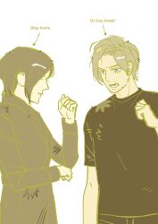  1boy 1girl ada_wong coat cowboy_shot highres leon_s._kennedy looking_at_another open_mouth resident_evil resident_evil_2 resident_evil_2_(remake) shirt short_hair sidelocks t-shirt trench_coat xianyu_chuan yellow_theme 