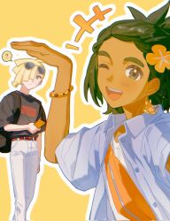  +++ 2boys :d ? alolan_raichu alternate_costume bag black_bag black_shirt blonde_hair dark-skinned_male dark_skin ear_piercing earrings eyewear_on_head flower fua1heyvot4ifsr gladion_(pokemon) green_eyes green_hair grey_eyes grey_jacket hair_flower hair_ornament hair_over_one_eye hau_(pokemon) highres holding holding_phone jacket jewelry looking_at_another looking_at_viewer male_focus multiple_boys one_eye_closed open_mouth orange_flower orange_shirt outline pants phone piercing pokemon pokemon_sun_and_moon ponytail shirt short_hair short_ponytail simple_background smile standing sunglasses upper_body white_outline white_pants yellow-framed_eyewear yellow_background 