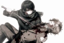  2boys arm_around_another's_back bandaid bandaid_on_face black_gloves black_hair blonde_hair blood blood_on_face blood_on_weapon carrying carrying_person chinese_commentary closed_mouth coat collared_shirt commentary_request dying gloves green_eyes green_scarf grey_eyes half-closed_eyes hand_on_another's_shoulder head_back heterochromia highres holding holding_sword holding_weapon knees_up light_smile limp_arm looking_at_another lying male_focus mamiya_yumehisa mole mole_under_eye multiple_boys natsume_souichirou on_back pants parted_lips plaid_clothes plaid_pants scarf sekai_metsubou_kyouyuu_gensou_mamiya shirt short_hair stab sweater sword trench_coat wavy_hair weapon white_background yanzia689 
