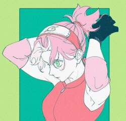  1girl black_gloves closed_mouth commentary elbow_sleeve from_side gloves green_eyes haruno_sakura headband highres hu_(saimens) looking_ahead naruto_(series) naruto_shippuuden pink_hair ponytail red_shirt shirt sleeveless sleeveless_shirt solo untranslatable_commentary zipper 