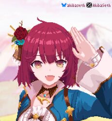  1girl akiba_seth atelier_(series) atelier_sophie_2 blue_coat braid brown_eyes coat collared_coat commission commissioner_upload flower hair_flower hair_ornament headscarf highres jewelry looking_at_viewer necklace non-web_source open_mouth pixel_art red_flower red_hair red_rose rose short_hair signature simple_background single_braid smile solo sophie_neuenmuller yellow_headscarf 