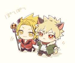  2boys :< animal_ears bakugou_katsuki ball_hands bandaged_arm bandages bat_wings black_pants black_streaks blonde_hair boku_no_hero_academia broken broken_chain brown_shoes buttons chain chibi closed_mouth collar collared_shirt commentary_request contrast_lapels cuffs curtained_hair demon_tail dkyoudai from_side full_body green_jacket halloween holding holding_hands holding_polearm holding_weapon invisible_floor jack-o'-lantern jacket kaminari_denki lapels long_sleeves looking_ahead male_focus motion_lines multicolored_hair multiple_boys notched_lapels official_alternate_costume pants parted_bangs partial_commentary pocket polearm pumpkin red_collar red_eyes red_shirt red_vest shackles shadow shirt shoes short_eyebrows short_hair side-by-side simple_background smile sound_effects spiky_hair streaked_hair t-shirt tail torn_clothes torn_jacket torn_shirt torn_sleeves translation_request trident twitter_username v-shaped_eyebrows vampire_costume vest walking weapon white_background white_shirt wings wolf_boy wolf_ears wolf_tail yellow_eyes 