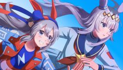  2girls ahoge animal_ears blue_eyes blue_hairband blue_sailor_collar blue_sports_bra blush brooch commentary_request dog_for_amami ear_covers ear_ornament grey_hair grin hair_between_eyes hairband headband highres horse_ears horse_girl jacket jewelry korean_commentary lightning_bolt_print lightning_bolt_symbol long_hair long_sleeves midriff multicolored_hair multicolored_hairband multiple_girls navel neckerchief oguri_cap_(starlight_beat)_(umamusume) oguri_cap_(umamusume) open_mouth red_headband red_neckerchief running sailor_collar shirt smile sports_bra star_brooch striped_clothes striped_hairband tamamo_cross_(fast_as_lightning)_(umamusume) tamamo_cross_(umamusume) teeth two-tone_hairband umamusume white_jacket white_shirt 