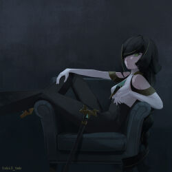  1girl absurdres alternate_costume alternate_hair_color alternate_hairstyle bare_shoulders black_hair black_pants breasts chair clothing_cutout elbow_gloves gloves green_eyes hair_over_one_eye highres long_hair looking_at_viewer lusamine_(pokemon) mature_female obi3 on_chair pants pokemon pokemon_sun_and_moon shirt shoes shoulder_cutout sitting small_breasts solo very_long_hair white_gloves white_shirt 