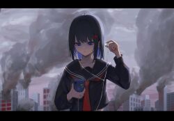  1girl black_hair black_sailor_collar black_serafuku black_shirt blue_hair building cellphone city earphones earphones hair_ornament hairclip highres holding holding_phone kushiaifu03 letterboxed long_sleeves looking_at_phone medium_hair necktie original outdoors overcast parted_lips phone red_necktie sailor_collar school_uniform serafuku shirt sky smartphone smoke solo upper_body 