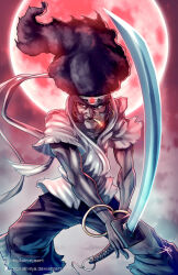  1boy afro afro_samurai afro_samurai_(character) artist_name black_hair bracelet cigarette dark-skinned_male dark_skin digitalninja earrings facing_viewer feet_out_of_frame fighting_stance fog full_moon gold_bracelet gold_earrings grey_pants headband holding holding_sword holding_weapon japanese_clothes jewelry looking_to_the_side male_focus mature_male moon mouth_hold night outdoors pants red_moon short_sleeves smoking solo sword torn_clothes torn_sleeves very_dark_skin weapon web_address white_dougi wind 