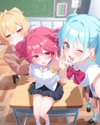  3girls :3 :d absurdres ahoge akita_neru antenna_hair arm_support bike_shorts bike_shorts_under_skirt black_shoes black_skirt black_socks blonde_hair blue_eyes blue_hair blue_nails blurry blurry_background blush bow bowtie breasts brown_cardigan cardigan cardigan_around_waist chalkboard classroom clothes_around_waist collared_shirt commentary_request desk diagonal-striped_bow diagonal-striped_bowtie diagonal-striped_clothes double-parted_bangs drill_hair ear_piercing fang gyaru hair_between_eyes hair_ornament hairclip hand_up hands_on_another's_shoulders hatsune_miku highres indoors kasane_teto kogal long_hair long_sleeves looking_at_viewer loose_socks multiple_girls nail_polish on_desk one_eye_closed open_mouth piercing pink_bow pink_bowtie plaid_clothes plaid_skirt pleated_skirt raised_inner_eyebrows red_eyes red_hair ryaru_ryaru school_desk school_uniform scrunchie selfie shadow shirt shoes short_hair side_ponytail sidelocks sitting skirt smile socks striped_bow striped_bowtie striped_clothes triple_baka_(group) triple_ryuunen twin_drills twintails untucked_shirt utau v v_over_mouth vocaloid white_shirt wrist_scrunchie yellow_eyes yellow_scrunchie 