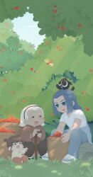  2boys 2girls animal_ears basket blue_eyes blue_hair bug child chinese_clothes commentary_request dragonfly food fruit hair_slicked_back highres looking_at_another luo_xiaohei luo_xiaohei_(cat) multiple_boys multiple_girls no_lineart official_art old old_woman open_mouth outdoors pants plant shirt shoes smile solar_term the_legend_of_luo_xiaohei tree white_hair white_shirt wuxian_(the_legend_of_luo_xiaohei) xrriver 