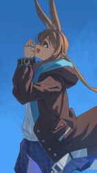  :d absurdres amiya_(arknights) animal_ear_fluff animal_ears arknights black_coat blue_background blue_eyes blue_skirt brown_hair chinese_commentary coat commentary_request de-lease english_commentary from_side hands_up highres hood hood_down hooded_coat jewelry long_hair long_sleeves mixed-language_commentary multiple_rings open_mouth partial_commentary profile rabbit_ears rabbit_girl ring shouting_with_hands skirt smile sweater white_sweater 