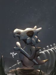  absurdres bo_(bouillustration) bone cubone from_side grass highres holding holding_bone night no_humans pokemon pokemon_(creature) pokemon_focus skull skull_on_head spines tail 
