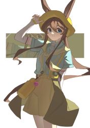  1girl absurdres amiya_(arknights) amiya_(wilderness_moments)_(arknights) animal_ears arknights arm_behind_back arm_warmers blue_eyes blue_shirt brown_hair brown_skirt camera chinese_commentary closed_mouth collared_shirt commentary_request cowboy_shot de-lease ears_through_headwear english_commentary hair_between_eyes hand_on_headwear hat heart highres long_hair mixed-language_commentary partial_commentary shirt short_sleeves skirt smile solo standing white_arm_warmers white_background yellow_hat zoom_layer 