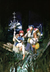  1boy 1girl backpack bag barefoot blue_hair box_art breasts brown_eyes chris_(eiyuu_densetsu) cloak cover eiyuu_densetsu full_body gloves grass highres holding holding_staff jurio_(eiyuu_densetsu) large_breasts looking_up official_art outdoors painting_(medium) red_hair scan shiroki_majo short_sleeves sitting staff standing third-party_source traditional_media tsuruta_kenji video_game_cover water 