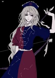  1girl arm_up arrow_(projectile) belt black_background blue_dress blue_eyes blue_hat bow_(weapon) breasts closed_mouth commentary_request constellation_print cowboy_shot cross cross_print dot_nose dress dubiansuhai frilled_hat frills frown grey_hair hat highres holding holding_arrow holding_bow_(weapon) holding_weapon long_hair looking_to_the_side medium_breasts multicolored_dress nurse_cap parted_bangs print_hat red_cross red_dress short_sleeves simple_background solo standing touhou two-tone_dress very_long_hair weapon white_belt yagokoro_eirin 