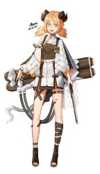  1girl :3 :d ahoyim arknights artist_name black_choker black_horns black_sandals blonde_hair capelet choker commentary_request dated flamethrower full_body gun holding holding_flamethrower holding_gun holding_weapon horns ifrit_(arknights) korean_commentary leg_wrap looking_at_viewer material_growth open_mouth orange_eyes oripathy_lesion_(arknights) photoshop_(medium) sandals short_hair simple_background skirt smile solo standing toes weapon white_background white_capelet white_skirt 