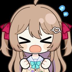  >:) 1girl ahoge animated animated_gif aqua_bow aqua_bowtie badge blue_sailor_collar blush_stickers bow bowtie brown_hair button_badge cardigan chibi chibi_only chunye_haruya commentary commission dot_nose english_commentary flying_sweatdrops hair_between_eyes hair_ornament hair_ribbon heart heart_hair_ornament long_hair long_sleeves lowres neuro-sama neuro-sama_(1st_costume) open_mouth red_ribbon ribbon sailor_collar second-party_source shirt solo sticker_(medium) sweatdrop transparent_background two_side_up upper_body v-shaped_eyebrows vedal_ai virtual_youtuber white_shirt yellow_cardigan 