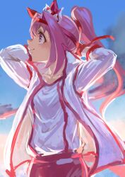  1girl animal_ears blue_sky bow breasts buruma closed_mouth ear_bow ear_covers flower-shaped_pupils flower_in_eye gloves haru_urara_(bestest_prize)_(umamusume) haru_urara_(umamusume) headband highres horse_ears horse_girl horse_tail inishie_kumo jacket long_hair outdoors pink_buruma pink_hair pink_headband ponytail red_buruma red_gloves red_headband shirt sky small_breasts smile solo symbol-shaped_pupils symbol_in_eye tail umamusume violet_eyes white_jacket white_shirt 