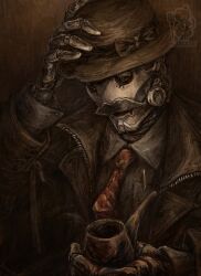 1boy absurdres adjusting_clothes adjusting_headwear arknights bow brown_hat coat collared_shirt commentary_request facial_hair hat hat_bow highres holding humanoid_robot jacket long_sleeves male_focus mustache namami_(namami0115) necktie robot shirt smoking_pipe solo tin_man_(arknights) upper_body 
