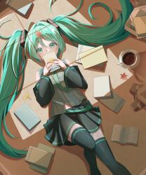  1girl aaaaaru_xx absurdres aqua_eyes aqua_hair aqua_necktie autumn_leaves bare_shoulders black_skirt black_thighhighs book book_stack bookshelf coffee coffee_mug commentary covered_mouth cup detached_sleeves double-parted_bangs grey_shirt hair_between_eyes hair_ornament hatsune_miku highres holding holding_book leaf long_hair long_sleeves lying midriff_peek mug necktie on_floor open_book saucer shirt sidelighting skirt sleeveless sleeveless_shirt solo stuffed_animal stuffed_toy sunlight thigh-highs twintails vocaloid window_shadow 