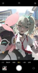  3girls absurdres aqua_eyes aqua_nails aria_(robot)_(zenless_zone_zero) aria_(zenless_zone_zero) arm_warmers black_choker black_hair blush_stickers bow cellphone chips_(food) choker colored_inner_hair commentary earrings fake_phone_screenshot fake_screenshot food green_hair hair_bow highres holding holding_phone jewelry looking_at_viewer loose_necktie medium_hair multicolored_hair multiple_girls musical_note_earrings nangong_yu necktie open_mouth phone pink_hair potato_chips qingkefu_yixia red_eyes red_necktie robot_girl side_ponytail skirt smartphone striped_arm_warmers sunna_(zenless_zone_zero) sweatdrop v zenless_zone_zero 