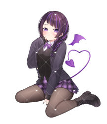  1girl :t black_boots black_cardigan black_nails blush boots bow braid breasts brown_pantyhose cardigan chitetan closed_mouth collared_shirt commentary_request copyright_request demon_girl demon_tail demon_wings detached_wings diagonal-striped_bow diagonal_bangs dotted_line dress_shirt full_body grey_jacket hair_over_shoulder hand_up heart jacket lace-up_boots long_hair long_sleeves medium_breasts multicolored_hair nail_art open_clothes open_jacket pantyhose plaid_clothes plaid_skirt purple_bow purple_hair purple_skirt purple_wings school_uniform shirt simple_background skirt sleeves_past_wrists solo streaked_hair striped_bow tail violet_eyes virtual_youtuber watermark white_background white_shirt wings 