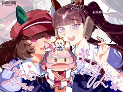  2girls 3girls ahoge animal_ears beehunterkisser blue_eyes blunt_bangs blush bow bowtie breasts brown_hair colored_bangs ear_covers ears_through_headwear hair_between_eyes hair_ornament hand_puppet hat highres horse_ears horse_girl long_hair looking_at_viewer lucky_lilac_(umamusume) marche_lorraine's_puppet marche_lorraine_(umamusume) mismatched_ear_covers multicolored_hair multiple_girls open_mouth orange_hair orfevre_(umamusume) puffy_short_sleeves puffy_sleeves puppet purple_bow purple_bowtie purple_shirt sailor_collar sailor_shirt school_uniform shirt short_hair short_sleeves side_ponytail single_ear_cover smile tail teeth tracen_school_uniform two-tone_hair umamusume umamusume_horse_relations upper_teeth_only violet_eyes white_hair white_sailor_collar zoom_layer 