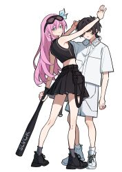  1boy 1girl absurdres against_wall alternate_costume aqua_eyes aubrey_(omori) baseball_bat black_hair black_shirt black_shoes black_skirt breasts closed_mouth commentary commission commissioner_upload cropped_shirt english_commentary eyewear_on_head full_body headphones headphones_around_neck highres holding holding_baseball_bat jewelry long_hair looking_at_viewer omori parted_lips pink_hair ring shirt shoes short_hair short_sleeves sidelocks simple_background skirt sleeveless sleeveless_shirt small_breasts socks standing sunny_(omori) turning_head white_background white_shirt white_shoes white_socks ze_yi8473 