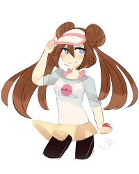  1girl aqua_eyes black_pantyhose blush bright_pupils brown_hair closed_mouth commentary cropped_legs double_bun english_commentary eyelashes hair_between_eyes hair_bun hand_on_headwear holding holding_poke_ball kokomi_(aniesuakkaman) long_hair pantyhose poke_ball poke_ball_(basic) poke_ball_print pokemon pokemon_black_2_and_white_2 rosa_(pokemon) shirt simple_background skirt smile solo split_mouth twintails visor_cap white_background white_pupils white_shirt white_visor_cap yellow_skirt 