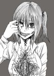  chest_mouth creepy extra_mouth finger_in_mouth glasgow_smile highres iro_marimo long_sleeves monochrome monster monster_girl murasaki_heizu nib_pen_(medium) open_clothes open_shirt original scar sharp_teeth shirt side_ponytail simple_background solo stitched stitches traditional_media 